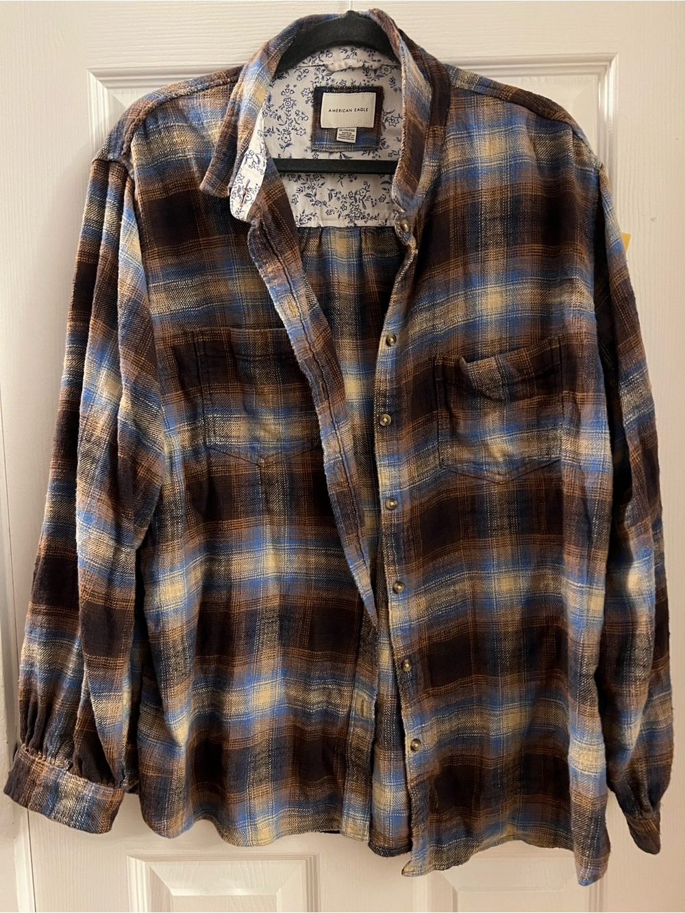 American Eagle Outfitters Blue and Brown Plaid Button-Down Shirt